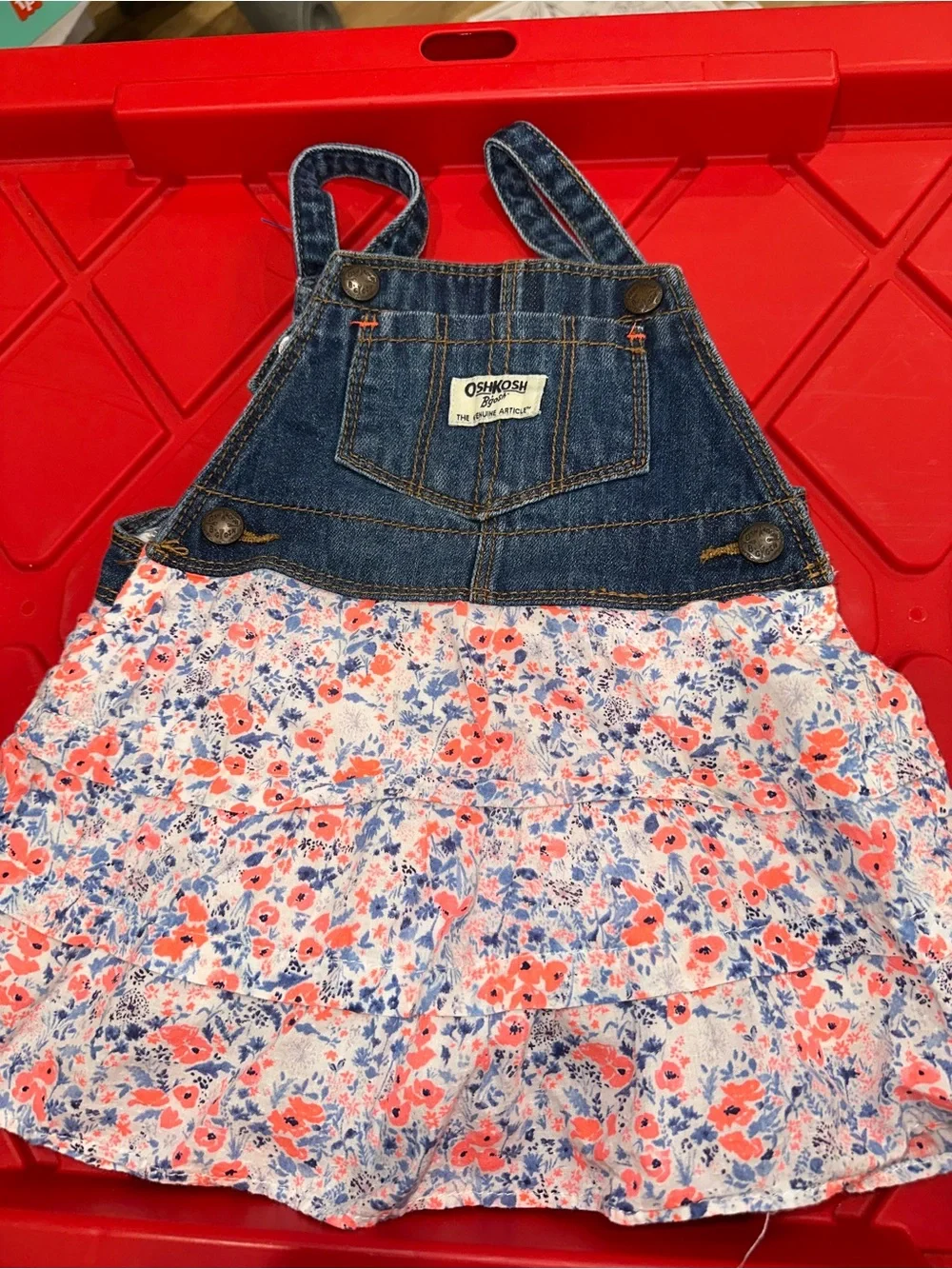 OshKosh B'gosh Denim Bib Overall Dress with Coral & Blue Floral Skirt